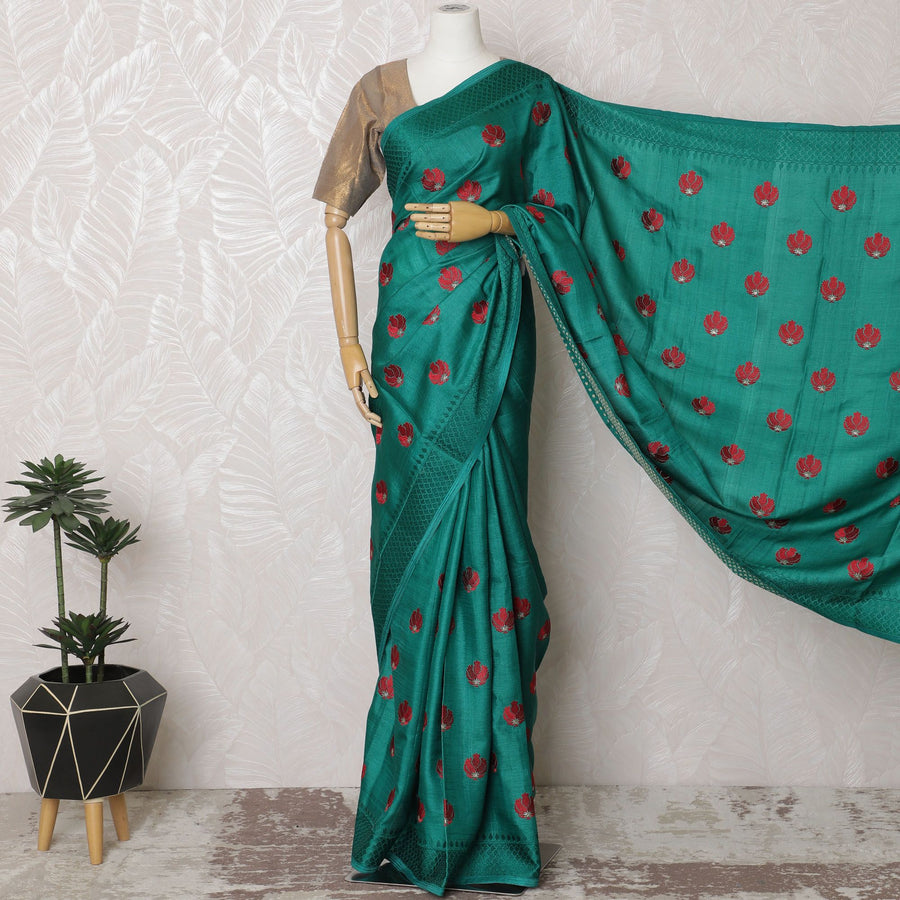 Enchanting Teal Tussar Silk Saree with Red Embroidered Motifs, Crafted in India, 110cm Width, 5.5m Length – Blouse Not Included-D17841 Regal Fabrics