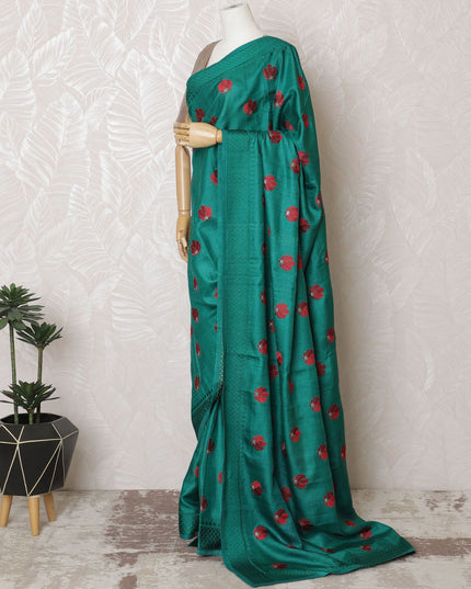 Enchanting Teal Tussar Silk Saree with Red Embroidered Motifs, Crafted in India, 110cm Width, 5.5m Length – Blouse Not Included-D17841 Regal Fabrics