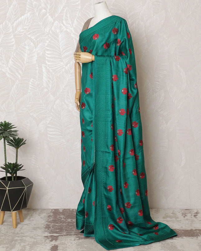 Enchanting Teal Tussar Silk Saree with Red Embroidered Motifs, Crafted in India, 110cm Width, 5.5m Length – Blouse Not Included-D17841 Regal Fabrics