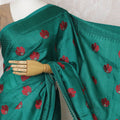Enchanting Teal Tussar Silk Saree with Red Embroidered Motifs, Crafted in India, 110cm Width, 5.5m Length – Blouse Not Included-D17841 Regal Fabrics