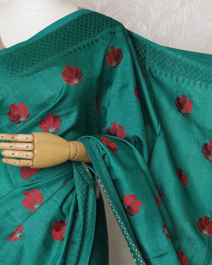 Enchanting Teal Tussar Silk Saree with Red Embroidered Motifs, Crafted in India, 110cm Width, 5.5m Length – Blouse Not Included-D17841 Regal Fabrics