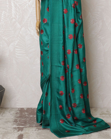 Enchanting Teal Tussar Silk Saree with Red Embroidered Motifs, Crafted in India, 110cm Width, 5.5m Length – Blouse Not Included-D17841 Regal Fabrics