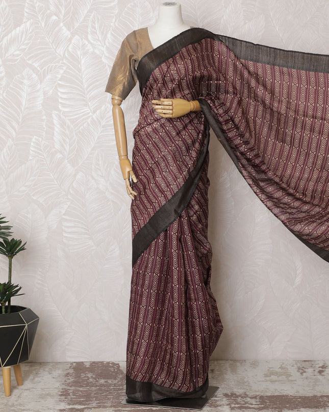 Maroon Geometric Tussar Silk Saree with Print, Indian Elegance, 110cm Width, 5.5m Length – Blouse Not Included-D17842