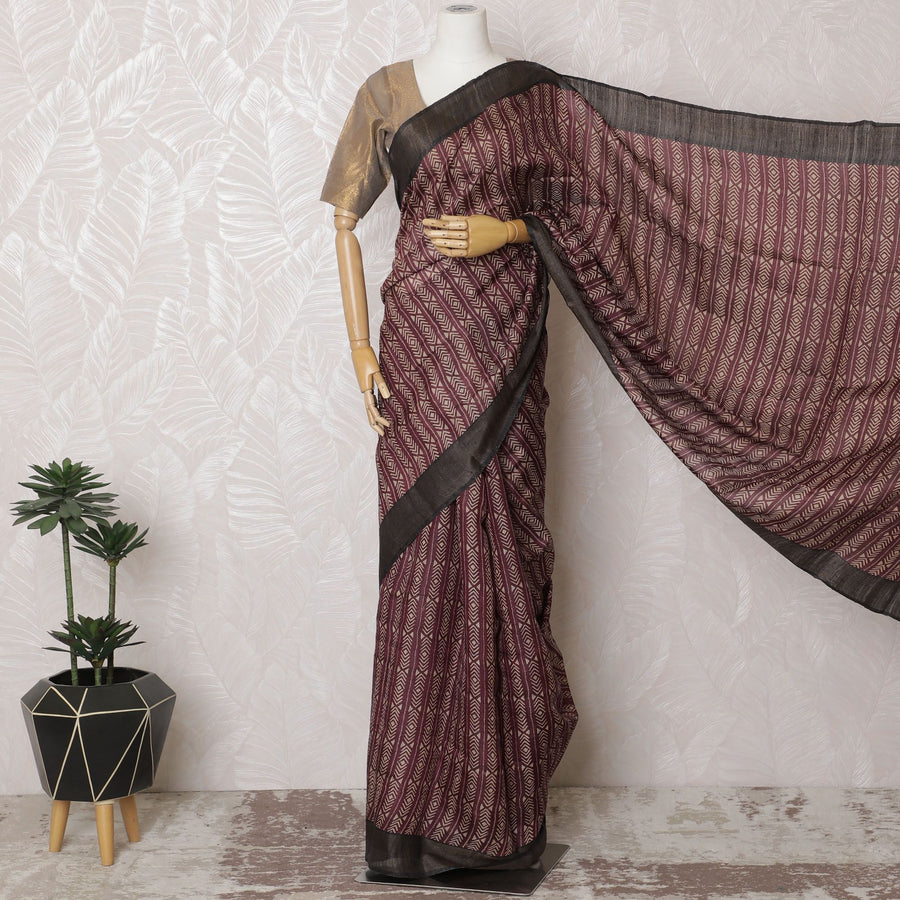 Maroon Geometric Tussar Silk Saree with Print, Indian Elegance, 110cm Width, 5.5m Length – Blouse Not Included-D17842