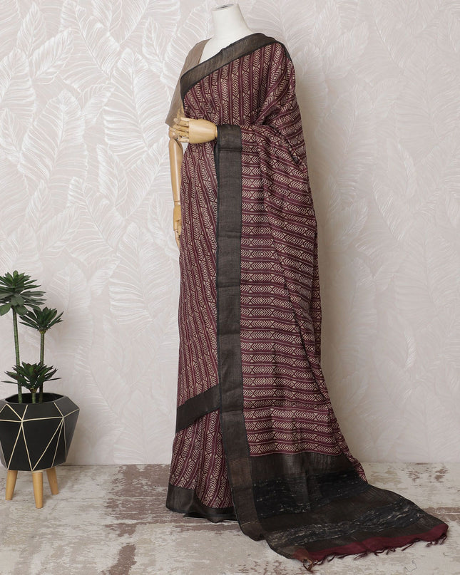 Maroon Geometric Tussar Silk Saree with Print, Indian Elegance, 110cm Width, 5.5m Length – Blouse Not Included-D17842