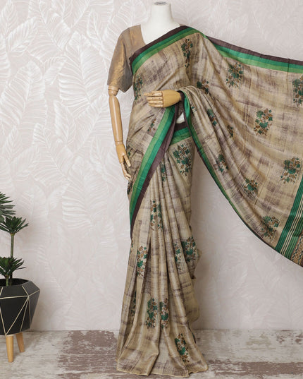 Rustic Beige Tussar Silk Saree with Green Border and Printed Motifs, Traditional Indian Elegance, 110cm Width, 5.5m Length – Blouse Not Included-D17843 Regal Fabrics