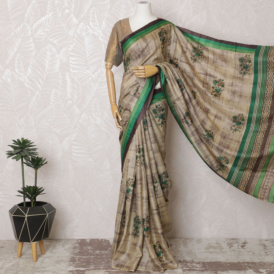 Rustic Beige Tussar Silk Saree with Green Border and Printed Motifs, Traditional Indian Elegance, 110cm Width, 5.5m Length – Blouse Not Included-D17843 Regal Fabrics