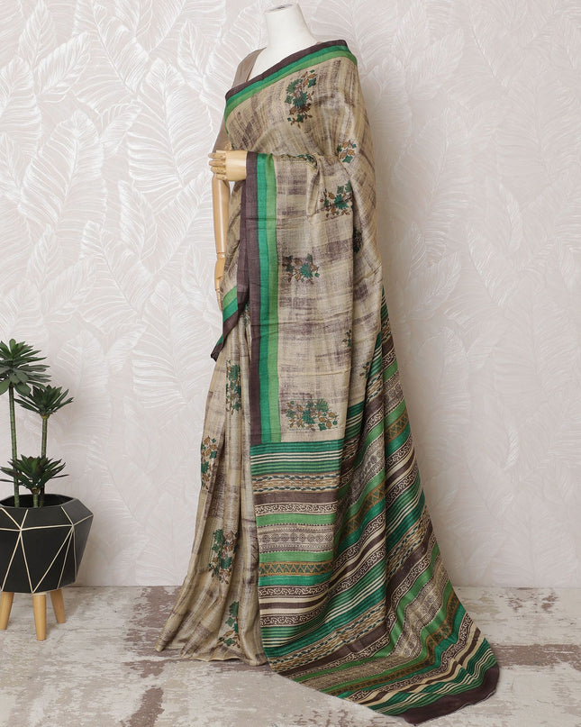 Rustic Beige Tussar Silk Saree with Green Border and Printed Motifs, Traditional Indian Elegance, 110cm Width, 5.5m Length – Blouse Not Included-D17843