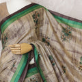Rustic Beige Tussar Silk Saree with Green Border and Printed Motifs, Traditional Indian Elegance, 110cm Width, 5.5m Length – Blouse Not Included-D17843 Regal Fabrics