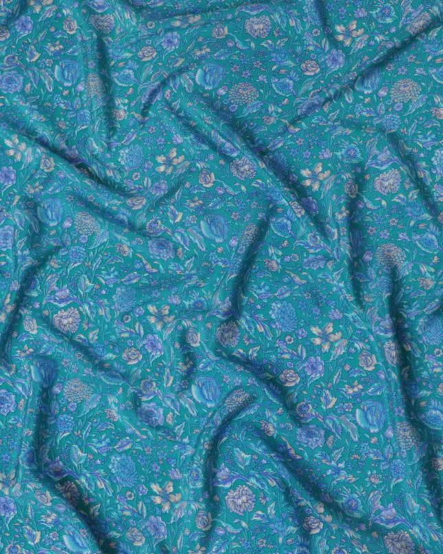 Turquoise Blue Pure Silk Crepe Fabric with Intricate Floral Design - Luxurious, 110cm Width, Authentically Made in India - Buy Online by the Meter-D18029 Regal Fabrics