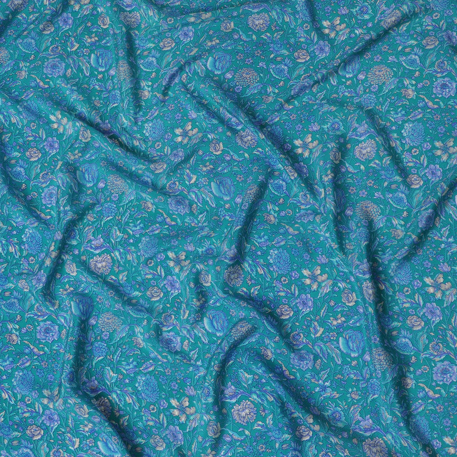 Turquoise Blue Pure Silk Crepe Fabric with Intricate Floral Design - Luxurious, 110cm Width, Authentically Made in India - Buy Online by the Meter-D18029