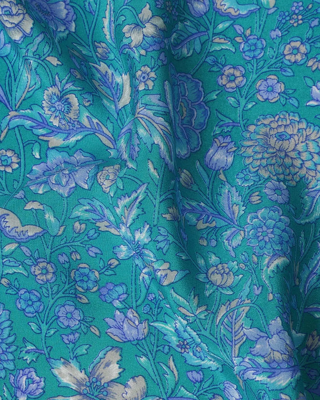 Turquoise Blue Pure Silk Crepe Fabric with Intricate Floral Design - Luxurious, 110cm Width, Authentically Made in India - Buy Online by the Meter-D18029 Regal Fabrics