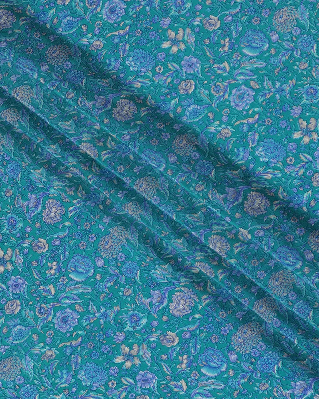 Turquoise Blue Pure Silk Crepe Fabric with Intricate Floral Design - Luxurious, 110cm Width, Authentically Made in India - Buy Online by the Meter-D18029 Regal Fabrics
