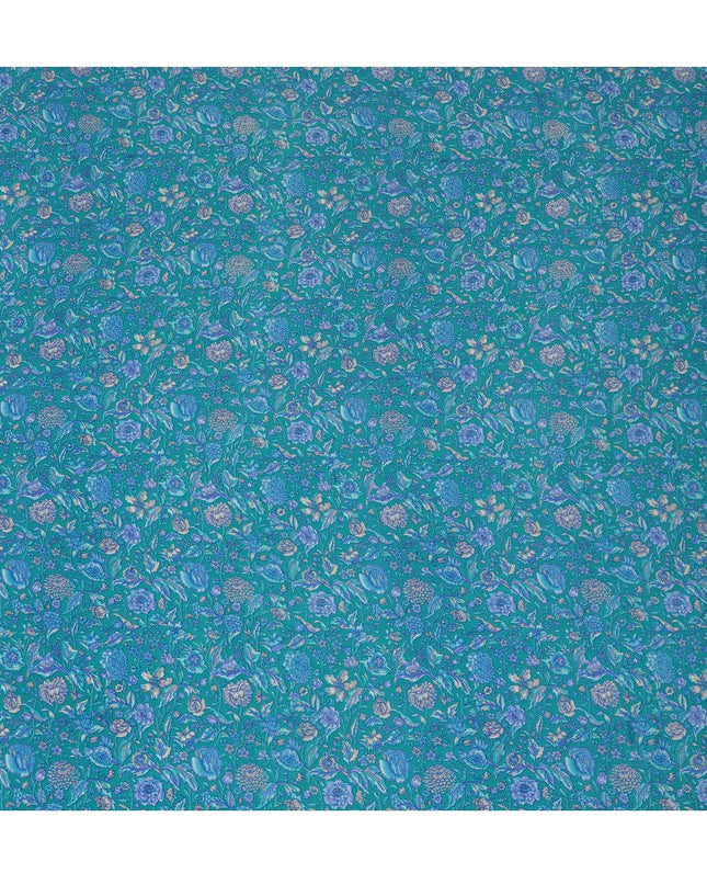 Turquoise Blue Pure Silk Crepe Fabric with Intricate Floral Design - Luxurious, 110cm Width, Authentically Made in India - Buy Online by the Meter-D18029 Regal Fabrics