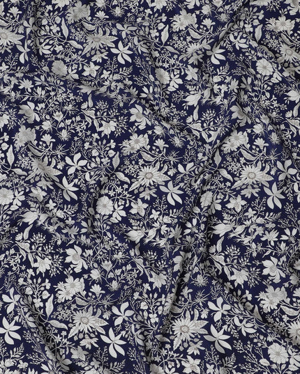 Navy & White Botanical Print Pure Silk Crepe Fabric - Timeless Elegance, 110cm Width, Crafted in India - Buy Online by the Meter-D18031 Regal Fabrics
