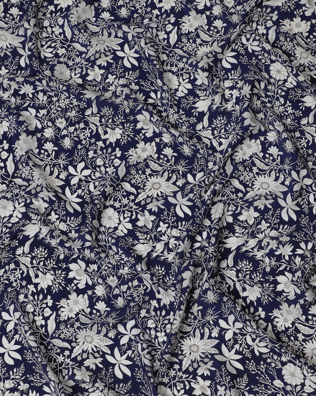 Navy & White Botanical Print Pure Silk Crepe Fabric - Timeless Elegance, 110cm Width, Crafted in India - Buy Online by the Meter-D18031 Regal Fabrics