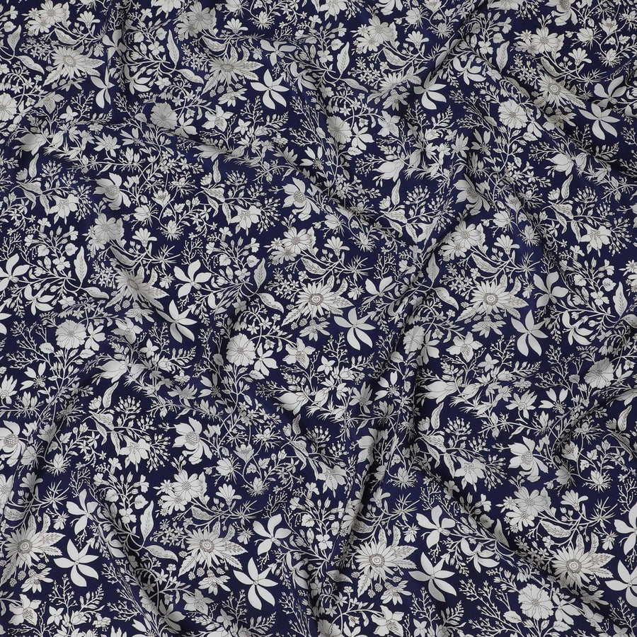 Navy & White Botanical Print Pure Silk Crepe Fabric - Timeless Elegance, 110cm Width, Crafted in India - Buy Online by the Meter-D18031 Regal Fabrics