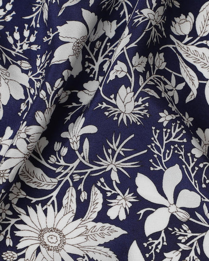 Navy & White Botanical Print Pure Silk Crepe Fabric - Timeless Elegance, 110cm Width, Crafted in India - Buy Online by the Meter-D18031 Regal Fabrics