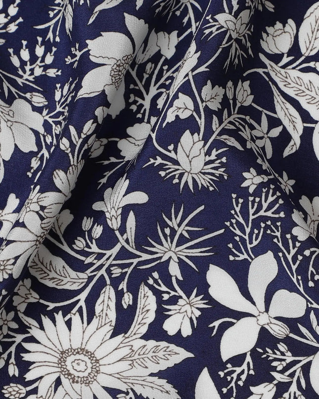 Navy & White Botanical Print Pure Silk Crepe Fabric - Timeless Elegance, 110cm Width, Crafted in India - Buy Online by the Meter-D18031 Regal Fabrics