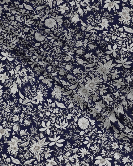 Navy & White Botanical Print Pure Silk Crepe Fabric - Timeless Elegance, 110cm Width, Crafted in India - Buy Online by the Meter-D18031 Regal Fabrics