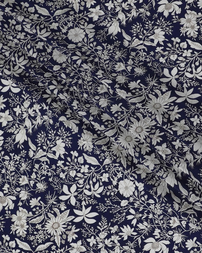 Navy & White Botanical Print Pure Silk Crepe Fabric - Timeless Elegance, 110cm Width, Crafted in India - Buy Online by the Meter-D18031 Regal Fabrics