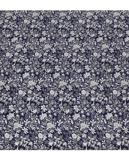 Navy & White Botanical Print Pure Silk Crepe Fabric - Timeless Elegance, 110cm Width, Crafted in India - Buy Online by the Meter-D18031 Regal Fabrics
