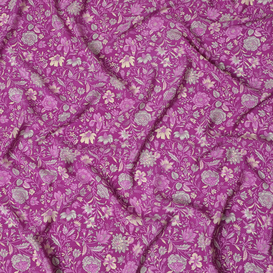 Magenta Majesty Floral Pure Silk Crepe Fabric - Exquisite Print, 110cm Width, Handcrafted in India - Shop Online by the Meter-D18035