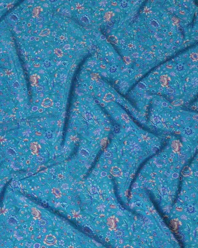 Azure Blossom Pure Silk Crepe Fabric - Exotic Floral Elegance, 110cm Width, Indian Heritage - Buy Online by the Meter-D18036