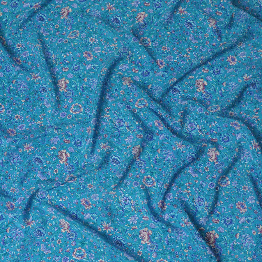 Azure Blossom Pure Silk Crepe Fabric - Exotic Floral Elegance, 110cm Width, Indian Heritage - Buy Online by the Meter-D18036
