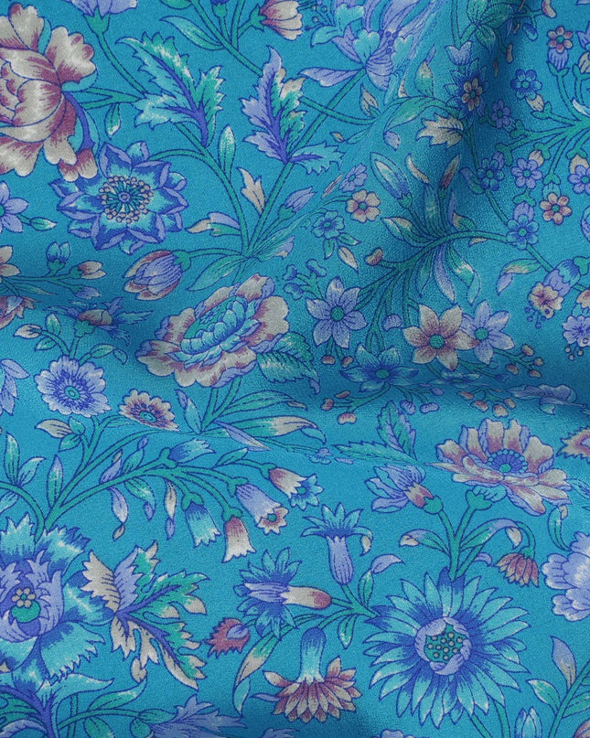 Azure Blossom Pure Silk Crepe Fabric - Exotic Floral Elegance, 110cm Width, Indian Heritage - Buy Online by the Meter-D18036