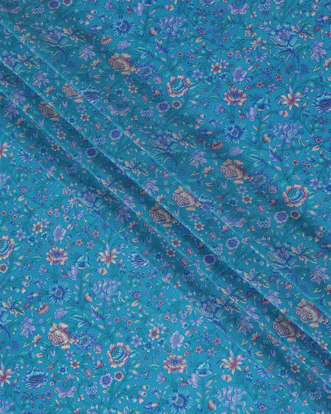 Azure Blossom Pure Silk Crepe Fabric - Exotic Floral Elegance, 110cm Width, Indian Heritage - Buy Online by the Meter-D18036