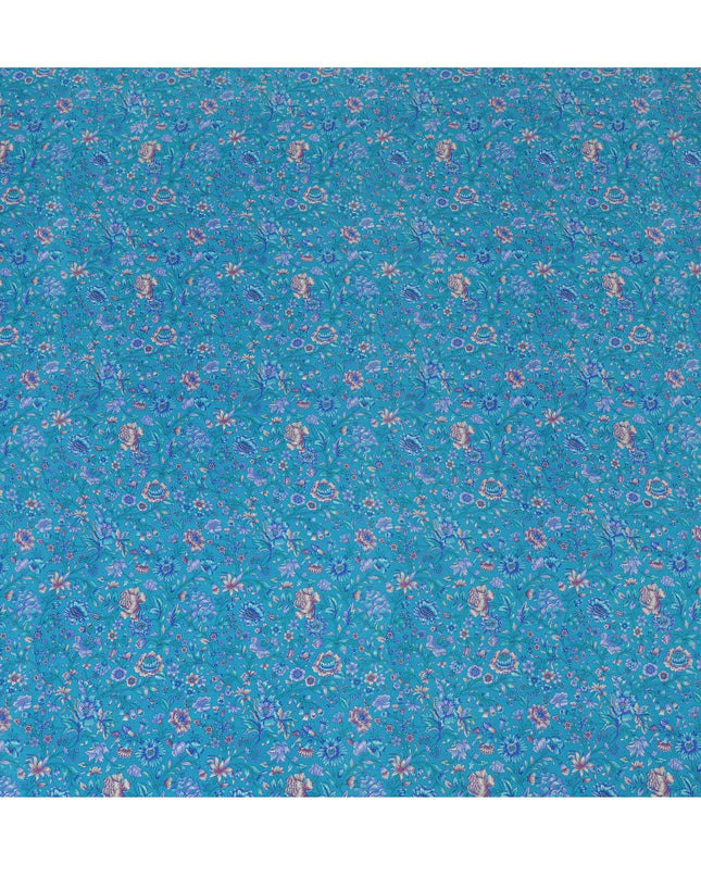 Azure Blossom Pure Silk Crepe Fabric - Exotic Floral Elegance, 110cm Width, Indian Heritage - Buy Online by the Meter-D18036