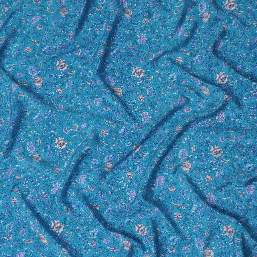 Celestial Blue Pure Silk Crepe Fabric with Lavender Florals - Exquisite Craftsmanship, 110cm Width - Purchase Online by the Meter-D18037