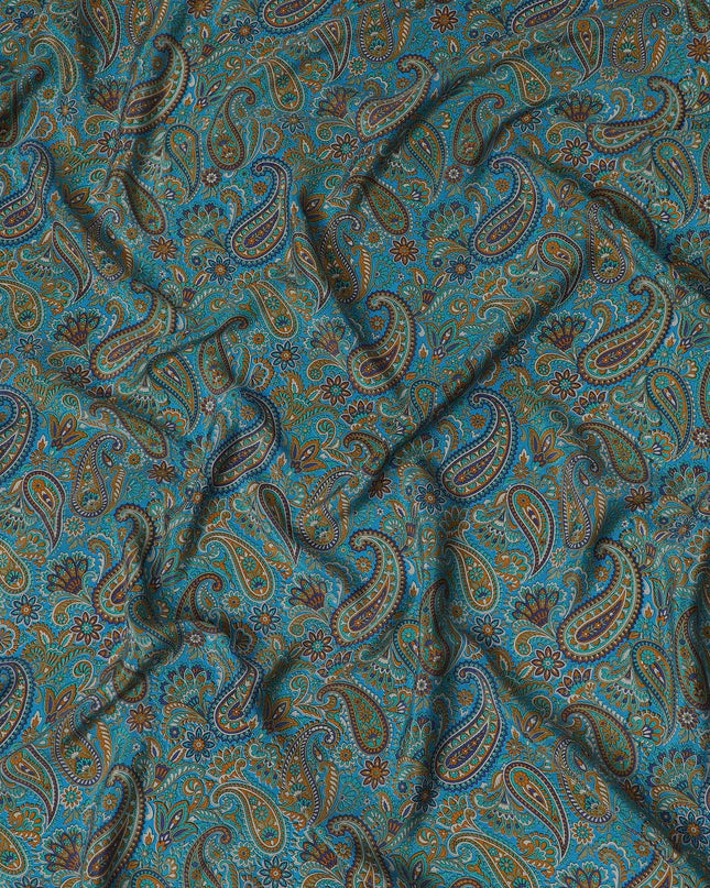 Peacock Teal Paisley Pure Silk Crepe Fabric - Vibrant Traditional Print, 110cm Width - Buy Online by the Meter-D18042 Regal Fabrics
