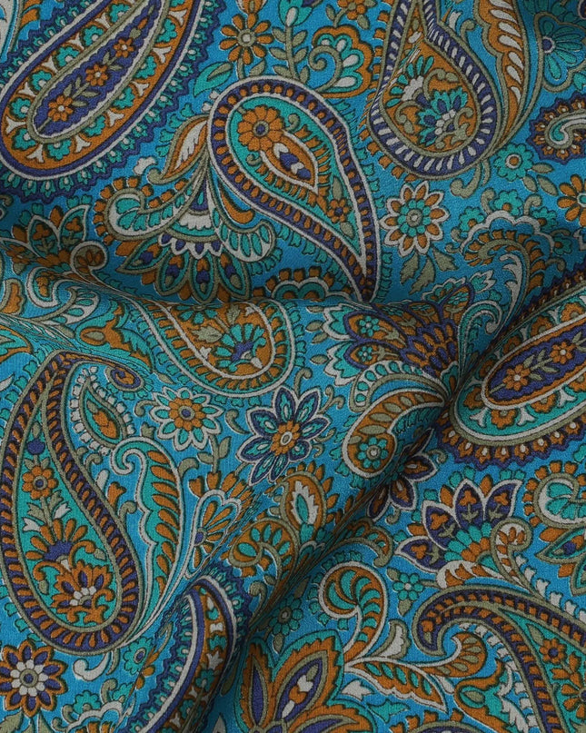 Peacock Teal Paisley Pure Silk Crepe Fabric - Vibrant Traditional Print, 110cm Width - Buy Online by the Meter-D18042 Regal Fabrics