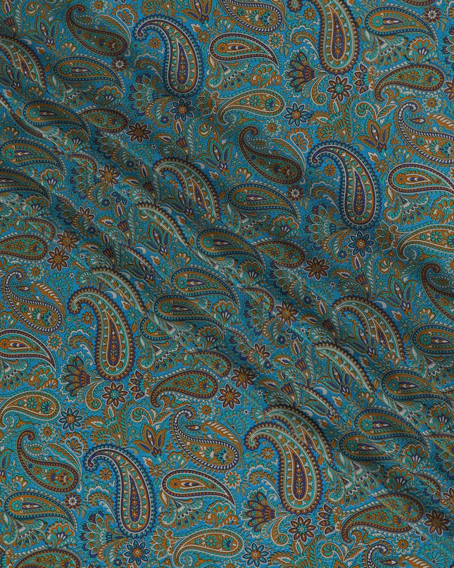 Peacock Teal Paisley Pure Silk Crepe Fabric - Vibrant Traditional Print, 110cm Width - Buy Online by the Meter-D18042 Regal Fabrics