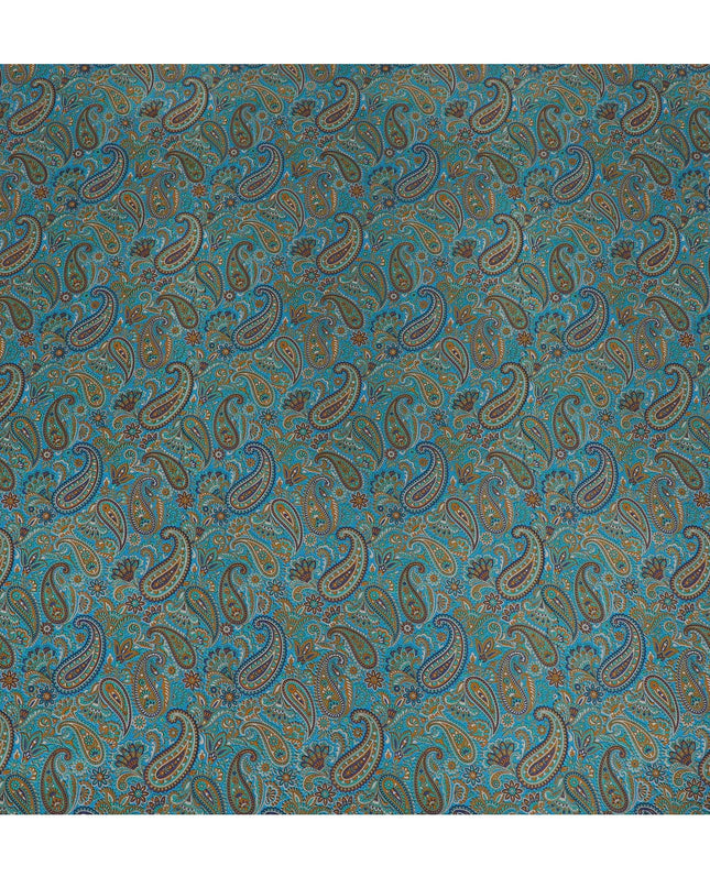 Peacock Teal Paisley Pure Silk Crepe Fabric - Vibrant Traditional Print, 110cm Width - Buy Online by the Meter-D18042 Regal Fabrics