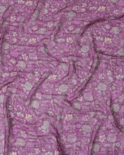 Lavender Blossom Pure Silk wrinkle Chiffon Fabric - Elegant Printed Design, 110cm Width - Buy Online by the Meter-D18044