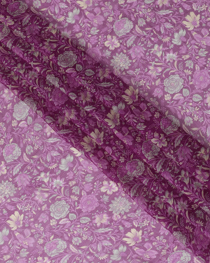 Lavender Blossom Pure Silk wrinkle Chiffon Fabric - Elegant Printed Design, 110cm Width - Buy Online by the Meter-D18044