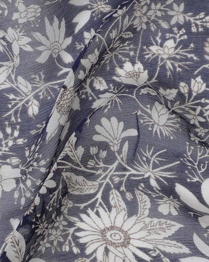 Midnight Flora Pure Wrinkle Silk Chiffon Fabric - Elegant Monochrome Print, 110cm Width - Buy Online by the Meter-D18050