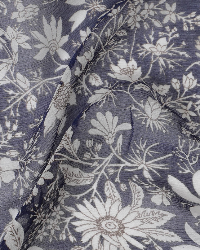Midnight Flora Pure Wrinkle Silk Chiffon Fabric - Elegant Monochrome Print, 110cm Width - Buy Online by the Meter-D18050