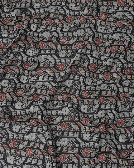 Traditional Indian Block-Print Style Cotton Voile Fabric - Artistic Elephant & Floral Motifs, 110 cm Wide - Shop Online-D18124