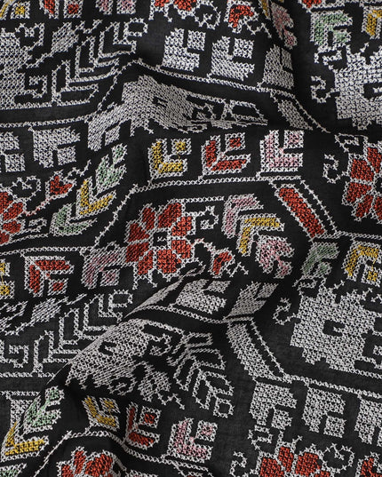 Traditional Indian Block-Print Style Cotton Voile Fabric - Artistic Elephant & Floral Motifs, 110 cm Wide - Shop Online-D18124