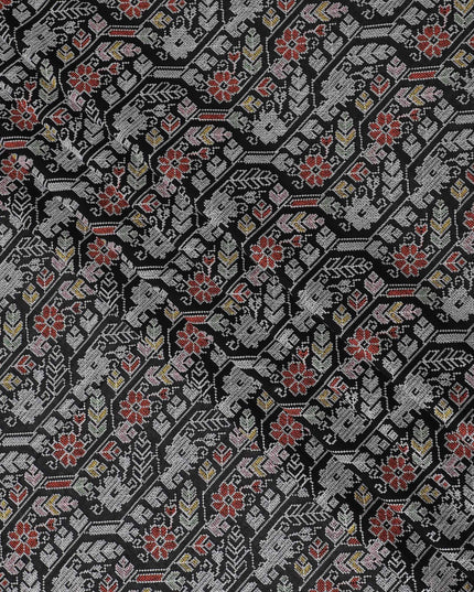 Traditional Indian Block-Print Style Cotton Voile Fabric - Artistic Elephant & Floral Motifs, 110 cm Wide - Shop Online-D18124
