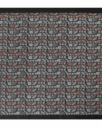 Traditional Indian Block-Print Style Cotton Voile Fabric - Artistic Elephant & Floral Motifs, 110 cm Wide - Shop Online-D18124