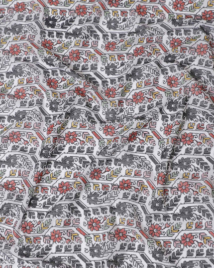Monochrome Magic Cotton Voile Fabric - Traditional Indian Embroidery with Pops of Red, 110 cm Wide - Shop Online-D18125