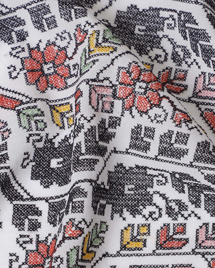 Monochrome Magic Cotton Voile Fabric - Traditional Indian Embroidery with Pops of Red, 110 cm Wide - Shop Online-D18125