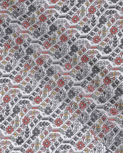 Monochrome Magic Cotton Voile Fabric - Traditional Indian Embroidery with Pops of Red, 110 cm Wide - Shop Online-D18125