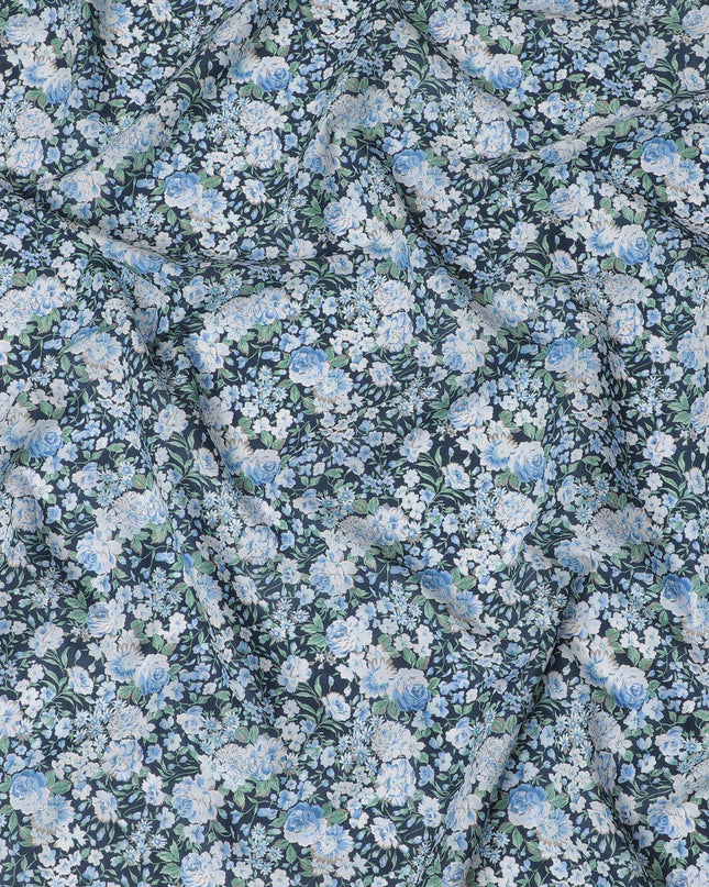 Midnight Blossom Cotton Lawn Fabric - Deep Blue Digital Floral Print, 110 cm Wide - Buy Online for Chic Creations-D18135