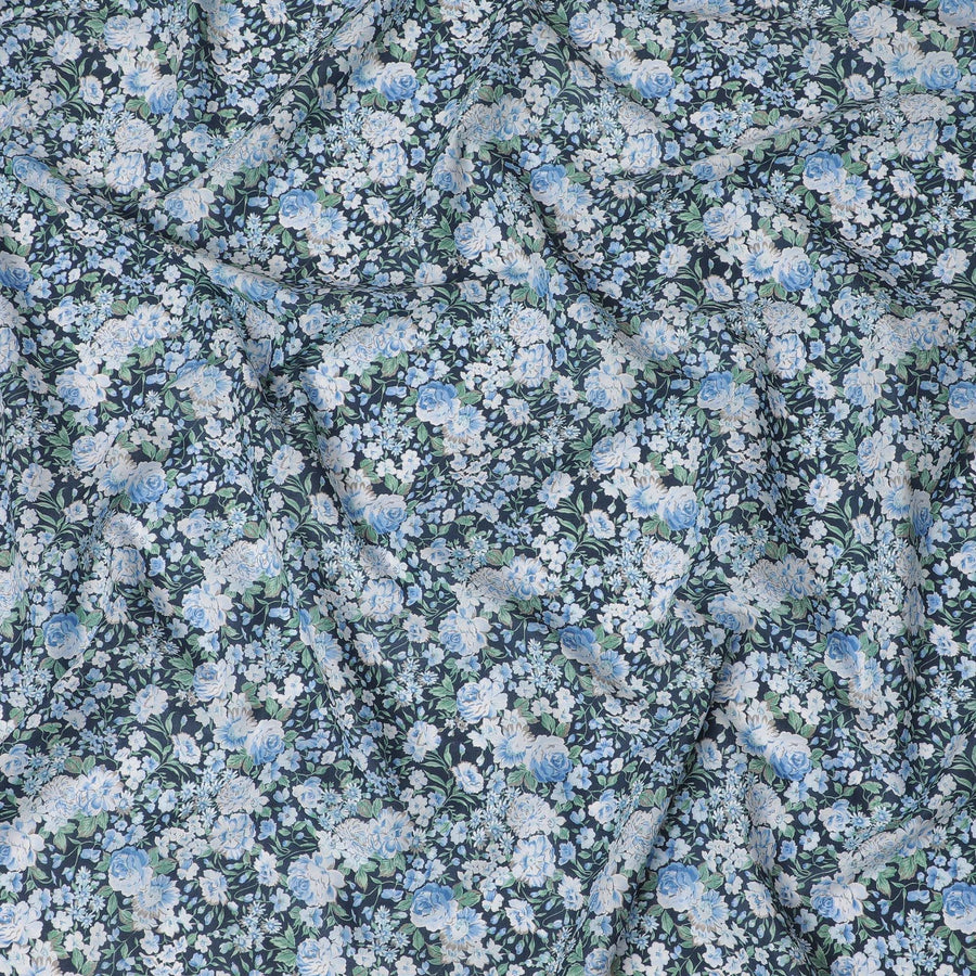 Midnight Blossom Cotton Lawn Fabric - Deep Blue Digital Floral Print, 110 cm Wide - Buy Online for Chic Creations-D18135